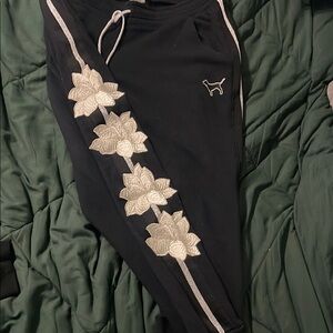 PINK Victoria's Secret Black zip up hoodie and Joggers with Silver Floral Design